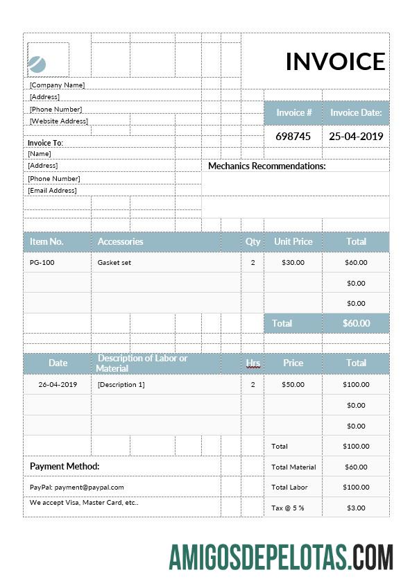 em branco Modelo de fatura mecânica